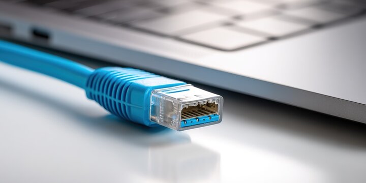 Blue ethernet cable connected to a laptop with a sleek design on a white surface