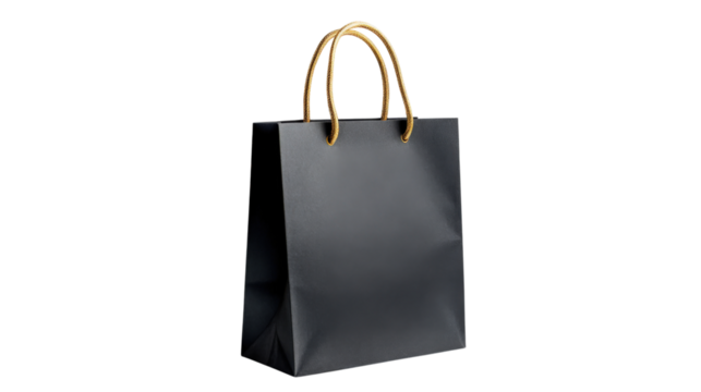 Black paper shopping bag with gold handles isolated on a transparent background