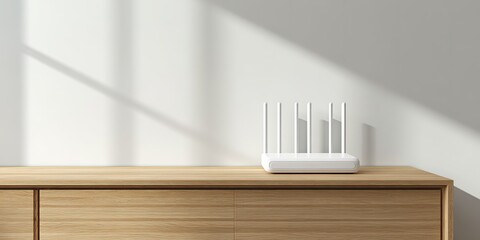 Wireless router sits on a wooden surface illuminated by sunlight in a modern indoor setting