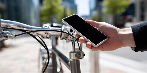 Person unlocking a bicycle with a smartphone in a modern urban area during daytime