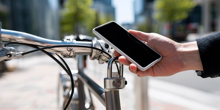 Person unlocking a bicycle with a smartphone in a modern urban area during daytime - Powered by Adobe