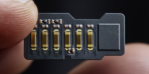 Close-up view of a microchip held between fingers showing intricate details against a dark background