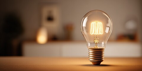 Vintage light bulb glowing softly on a wooden table in a warmly lit room during evening hours