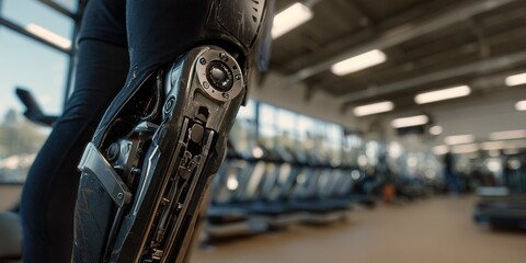 Innovative bionic prosthetic leg in a modern gym during a workout session