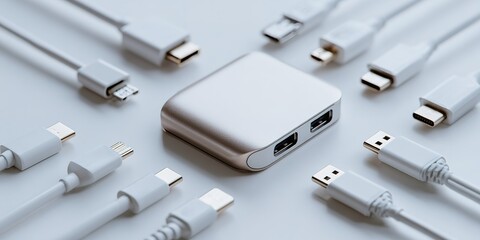 Charging station surrounded by various cables on a light background for device connectivity and power needs
