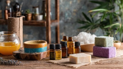 A Serene Display of Natural Skincare Products and Ingredients for Homemade Beauty Remedies in a Tranquil Setting