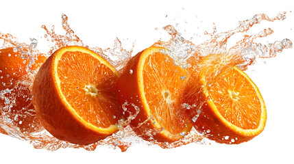 Fresh oranges bursting through water surface on transparent png background. Ai generated