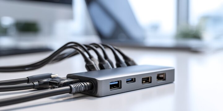 Multiple cables connected to a sleek USB hub on a modern desk during daytime
