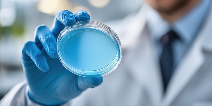 Scientist holds a blue petri dish in a laboratory setting while wearing protective gloves and a lab coat