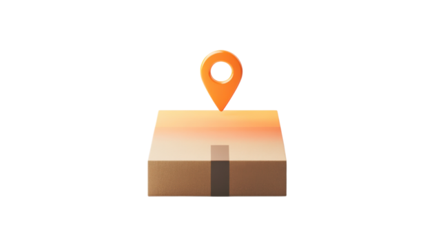 Orange map pin on cardboard box isolated on a transparent background