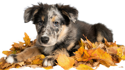 Playful Australian Shepherd resting on warm golden leaves crisp outdoor environment on transparent png background. Ai generated