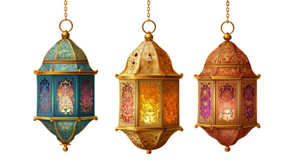Traditional golden lantern with ornate engravings dangling from a chain on transparent png background. Ai generated