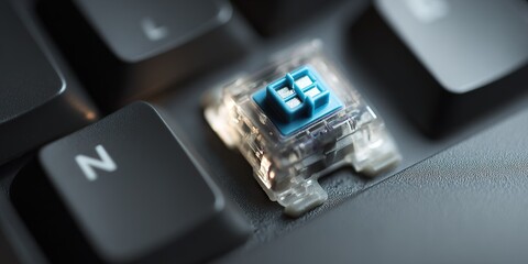 Close-up view of a blue mechanical keyboard switch on a black keyboard key with focus on the individual switch structure