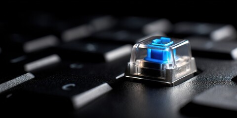 Close-up view of a mechanical keyboard switch highlighting its distinct blue color and transparent housing