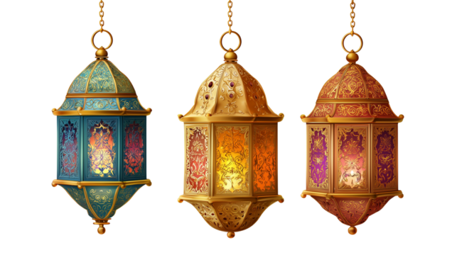 Traditional golden lantern with ornate engravings dangling from a chain on transparent png background. Ai generated