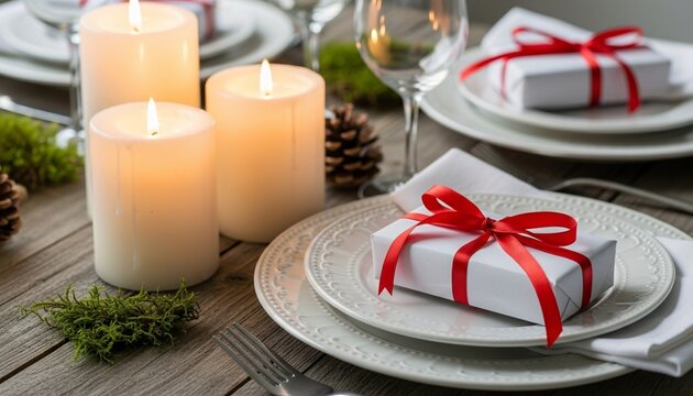 Elegant Table Setting For Holiday Event Featuring Candles White Plates Silver Cutlery Gifts With Red Ribbon And Green Moss Decoration Formal Dinner Concept
