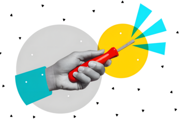 A black and white hand holding a screwdriver. Modern collage style. Vector illustration