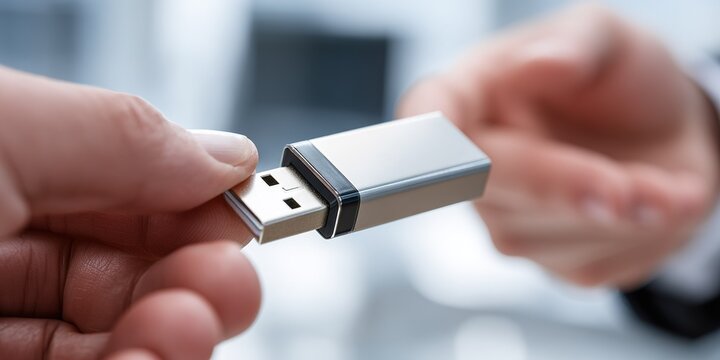 Hand exchanging USB flash drive in a modern office setting during daytime