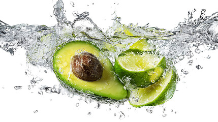 Whole and sliced avocados bursting through a splash of water on transparent png background. Ai generated