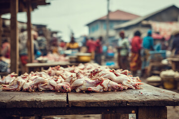 A Raw Display of Poultry on a Weathered Table in a Vibrant, Blurry Market Scene.