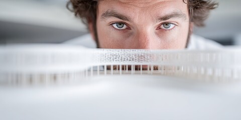 Architect examines detailed model during design process in bright workspace