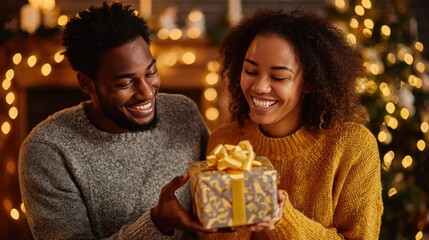 Smiling couple shaking wrapped Christmas gift, joyful moment of young husband and wife