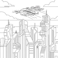 Fototapeta premium Futuristic cityscape with flying vehicle isolated on white background