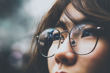 Close up of young woman wearing glasses looking into distance