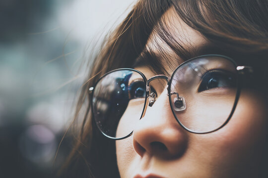 Close up of young woman wearing glasses looking into distance