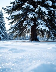 A majestic low angle winter scene frames a towering pine tree rising from frosty ground above a wide landscape of bright pristine snow