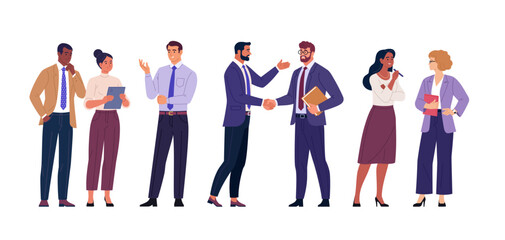 Business Team Collection. Vector cartoon illustration of a group of diverse businesspeople standing together, communicating, shaking hands, and discussing work tasks. Professional office characters. © nadzeya26