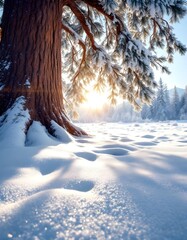 A serene low angle winter scene shows a towering pine tree beside a vast pristine landscape filled with bright sparkling snow under clear sky