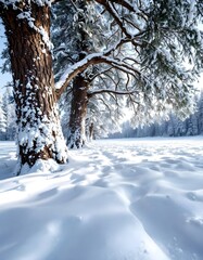 A majestic low angle winter view reveals a massive snow covered pine tree rising above a pristine field of sparkling untouched snow and blue sky