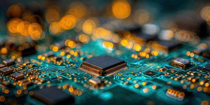 Close-up view of a circuit board with glowing components and intricate patterns showcasing technology and innovation