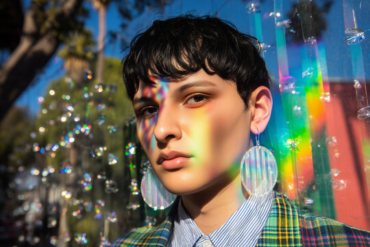 Young person with colorful reflections on face outdoors - Powered by Adobe
