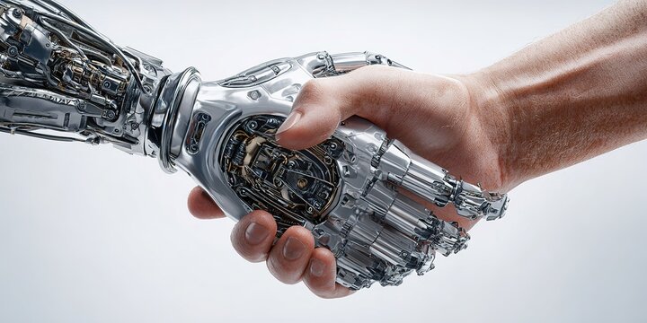 Handshake between a human and a robot symbolizes the future of technology and collaboration in society