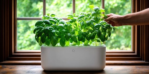 Basil plants thrive under sunlight in a cozy kitchen window, showcasing a lush green garden element indoors