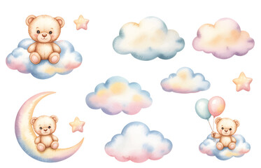 Watercolor teddy bear and sky elements for kids birthday nursery decor. Nursery teddy bear collection with clouds and hot air balloon.
