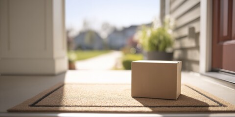 Package delivered on a sunny morning outside a suburban home with a welcoming porch and vibrant greenery nearby