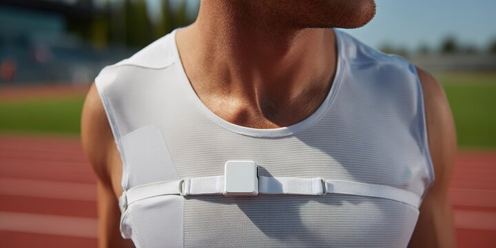 Athlete wearing fitness monitor during training on outdoor running track at sunny time of day
