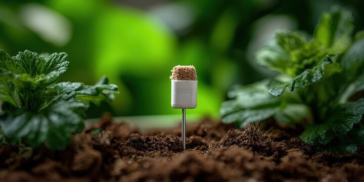Small white device in soil among vibrant green plants, showcasing innovative gardening technique and nature's beauty