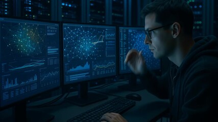 Young adult man analyzing complex data visualizations on multiple computer screens. He types on a keyboard and interacts with the digital interface in a high-tech server room - Powered by Adobe