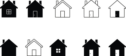 Collection of house icons in solid and outline styles, real estate symbols, residential property graphics, home illustration set, construction and architecture concept