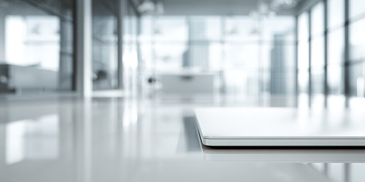 Modern office space with sleek laptop resting on a polished desk in a bright and airy environment