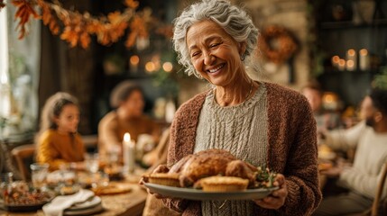 Smiling grandmother bringing food to table celebrating Thanksgiving with big happy family