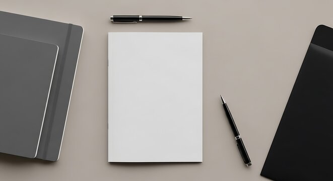 Top view of a blank white booklet or notebook with pens and office accessories on a neutral beige desk surface, ideal for branding