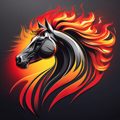 Grayscale metallic horse head with glossy shading, mane explodes into fiery red, orange, and yellow strands sweeping around the neck, set against a dark gradient to amplify speed, power, and drama