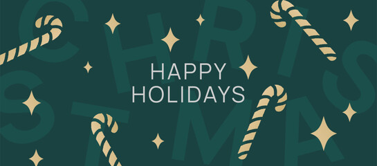 Christmas banner with gold candy canes and stars on dark green background. Flat vector illustration banner template. Christmas holiday concept