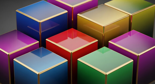 Fototapeta Vibrant glossy 3D cubes with golden edges arranged in a modern geometric composition