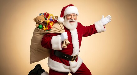 A cheerful Santa Claus in a classic red suit runs with a large sack full of toys over his shoulder.